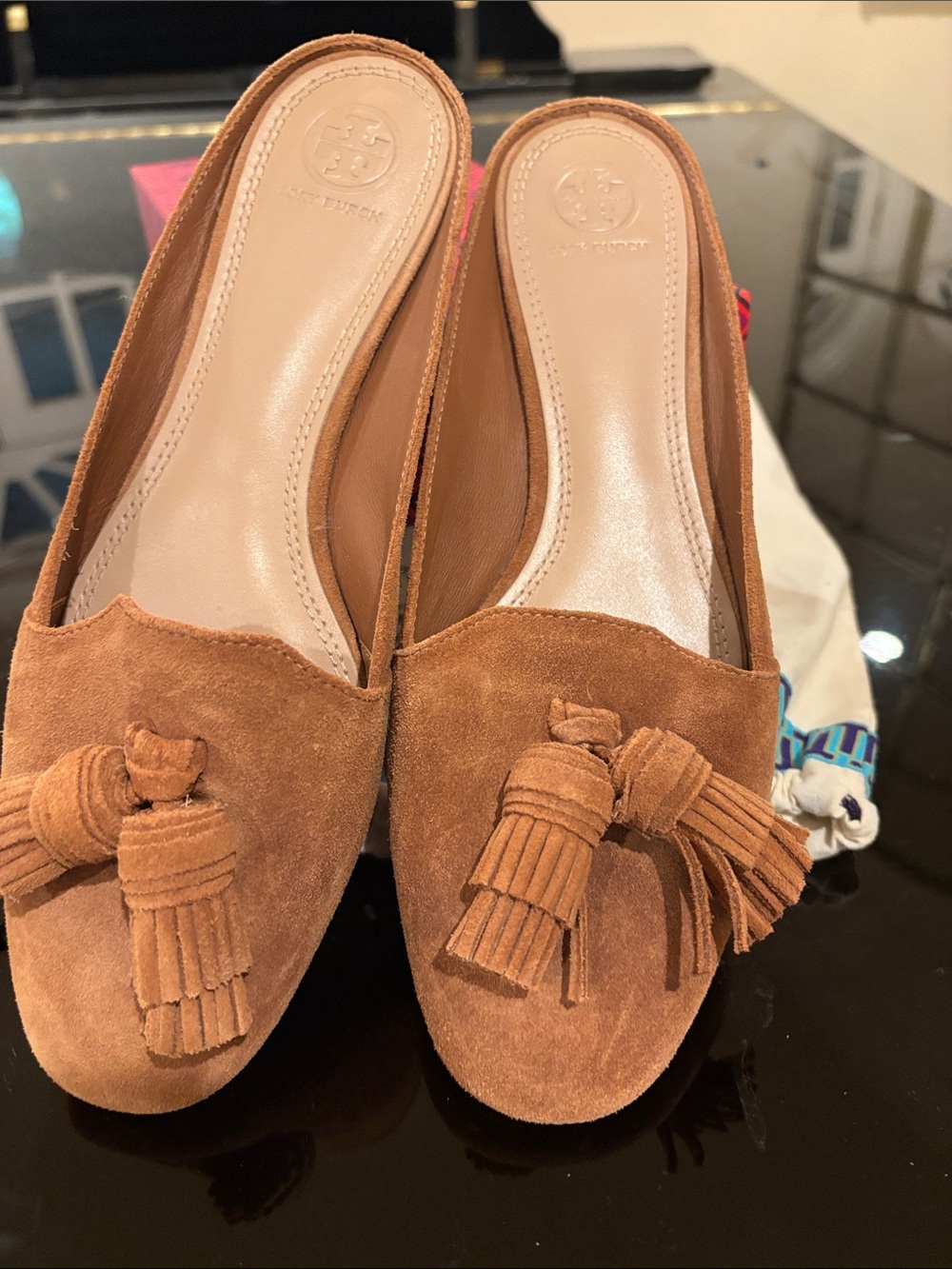 Tory Burch Royal Tan Suede Tassel Slide Mules - Picture 4 of 6